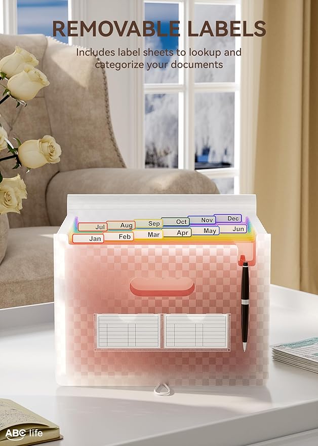 ABC life 12 Pockets Accordion File Organizer Expanding File Folders, Portable Monthly Bill Receipt Document Organiser, Expand