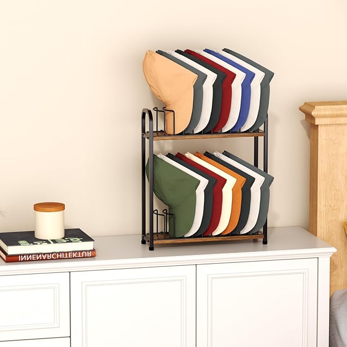 SWTYMIKI Hat Stand for Baseball Caps - 2 Tier Wood & Metal Removable Tabletop Hat Organizer Storage Display Rack, Holds up to