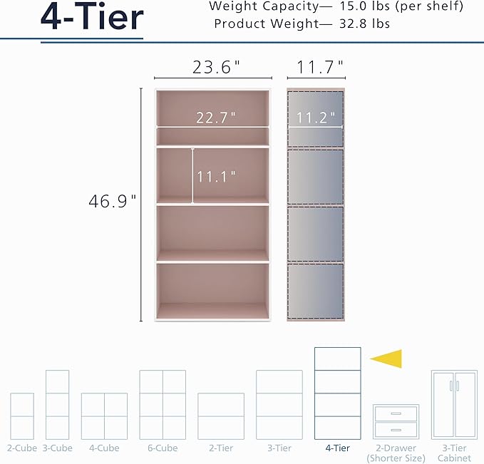 Homes: Inside + Out Apexa 4-Tier Cube Storage Organizer Shelves, Stackable Wood Bookcase Fits Cubby Bins for Organization, Do