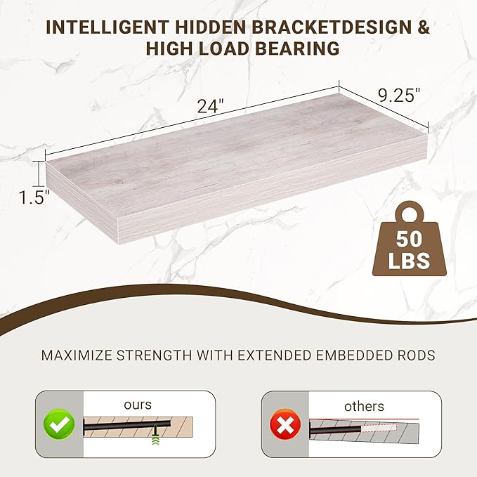 24 Inch Floating Shelves, 3D Textured Wood Grain, 24"x9.25"x1.5" Inch Deep Floating Shelves for Wall, Wooden Shelves for Bath