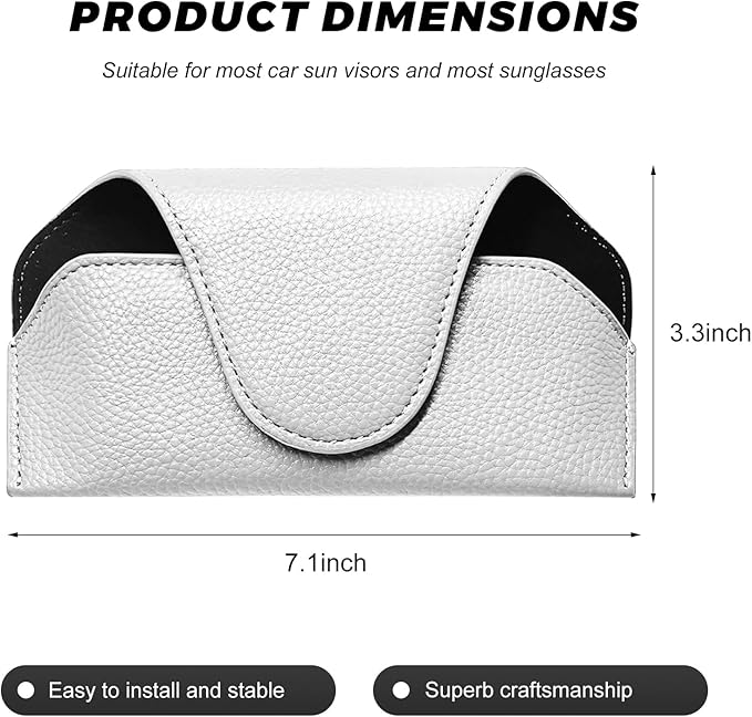 Sunglass Holder for Car Visor, Magnetic Auto Sun Visor Eyeglass Organizer with Dual Back Clips, Leather Glasses Protective Storage Case Universal for Most Vehicles Visors (White)