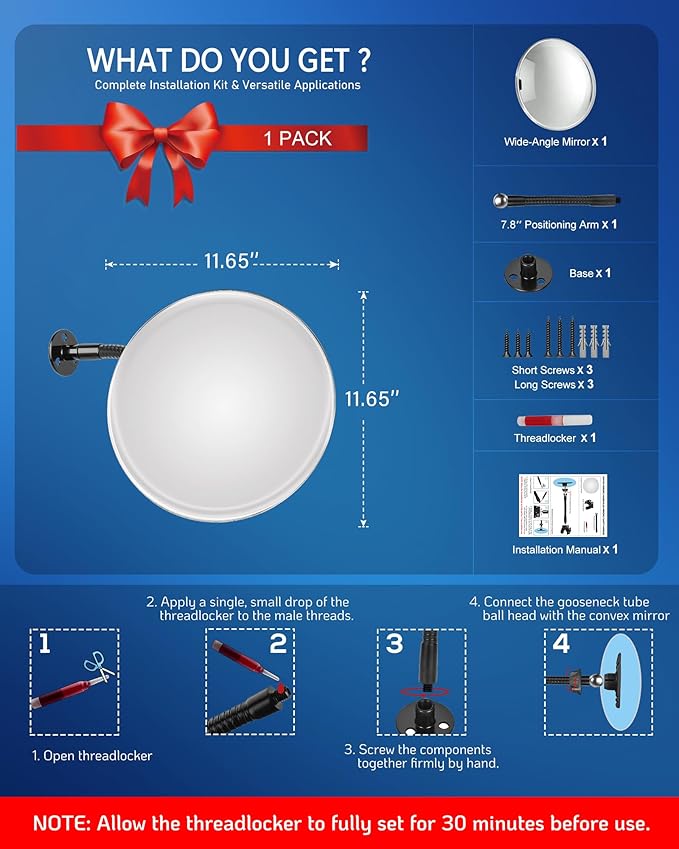 11.65" Wide-Angle HD Convex Mirror - Acrylic Safety Security Traffic Corner Mirror, Frameless Round Wall Mounted Observation Mirror for Garage, Driveway, Warehouse, Office, Store - Wall-Mount