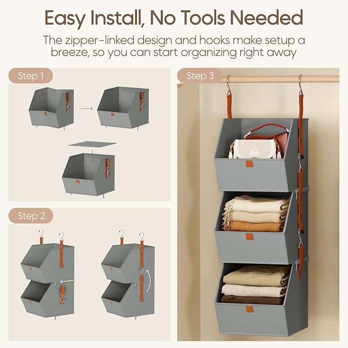 Homsorout Collapsible Hanging Closet Organizer - 3 Tier Closet Shelves Storage System with Hooks, Fabric Hanging Storage Bins