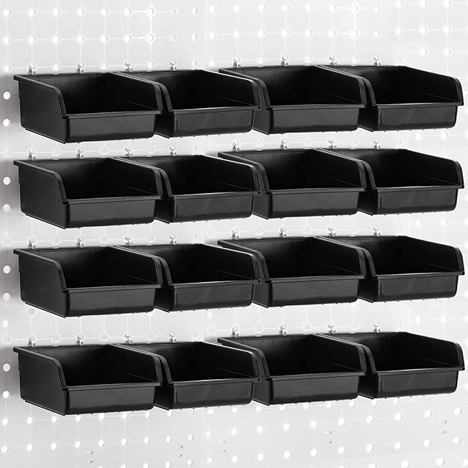 Foraineam 16 Pack Pegboard Bins with Metal Hooks, Black Garage Workbench Bins Cups Peg Board Accessories Kit, Pegboard Tools 