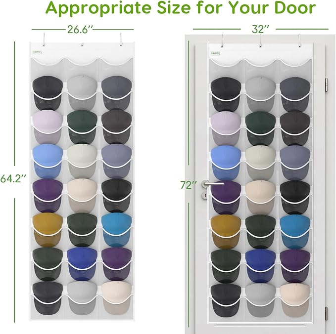 Unjumbly Baseball Hat Rack, 24 Pocket Over-The-Door Hat Organizer with Clear Deep Pockets to Display Baseball Caps Collection