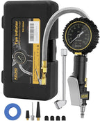 Analog Tire Inflator Gauge with Steel Braided Hose, 100 PSI Mechanical Tire Pressure Gauge – 3-in-1 Inflate/Deflate/Measure, 2.6" Glow Dial, Air Chuck for Car, Truck, SUV, RV, Bike (with Case)