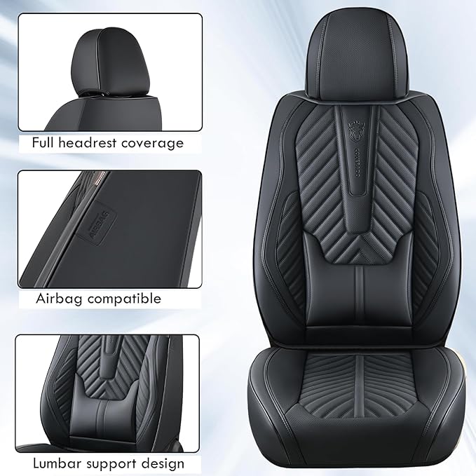 Coverado Seat Covers Full Set, Luxury Leather Car Seat Covers for Car with Lumbar Support, Automotive Seat Covers Waterproof 