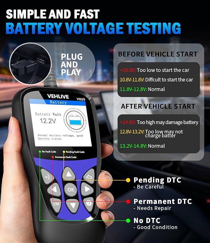 OBD2 Scanner Diagnostic Tool, VEHLIVE V850 Car Code Reader for Check Engine Light with Reset, I/M Readiness, Battery Tester,