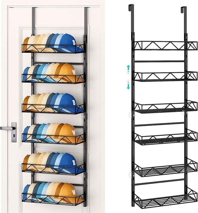 HapiRm Over the Door Hat Organizer - 6 Tier Wall Mounted Hat Rack with 6 Adjustable Metal Basket, Baseball Caps Organizer Sto