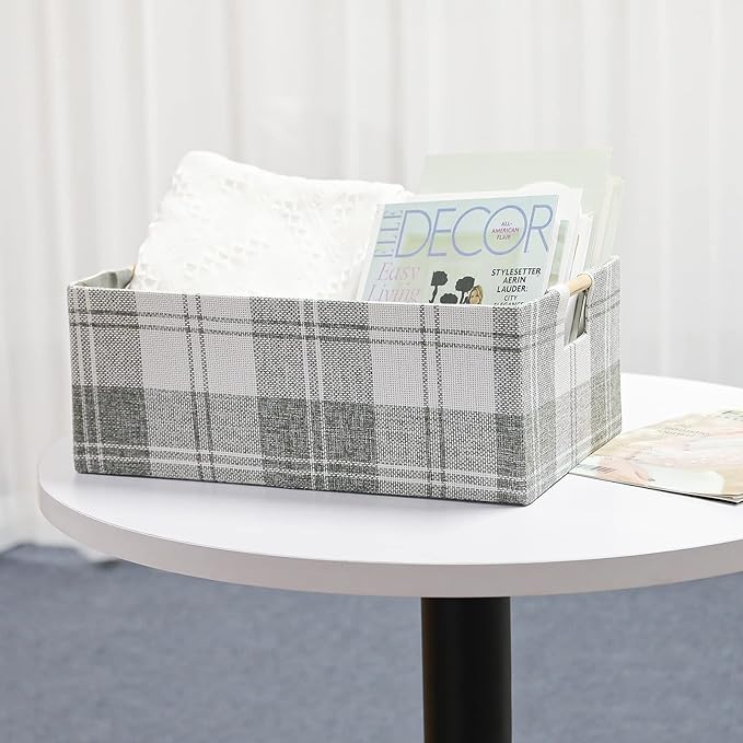 Fabric Storage Bin Box Collapsible Cotton Linen Storage Cube with Wooden Handles Rectangular Decorative Home Organizer Clothe