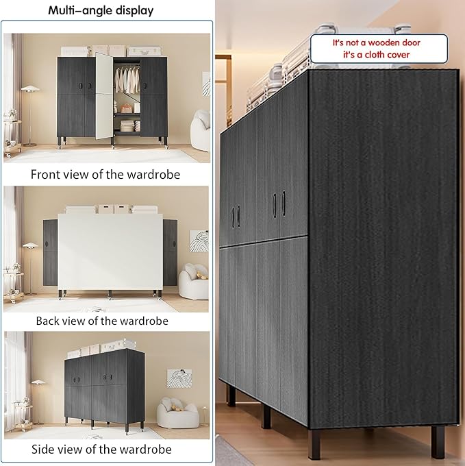 Heavy Duty Covered Clothes Rack with Magnetic Door Foldable Portable Wardrobe Closet for Hanging Clothing Rolling Black Metal