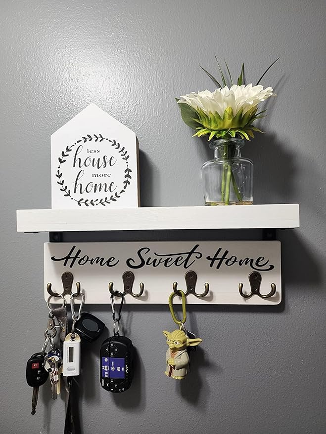 buways Wall-Mounted Key and Mail Holder, Wooden Key Rack with 4 Double Key Hooks, Rustic Home Decor for Entryway(White)