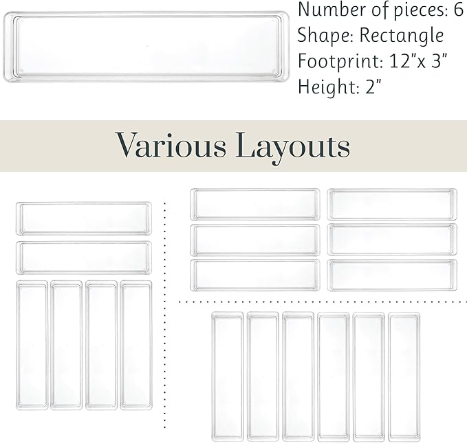 STORi SimpleSort 6-Piece Stackable Clear Drawer Organizer Set | 12" x 3" x 2" Rectangle Trays | Narrow Makeup Vanity Storage 