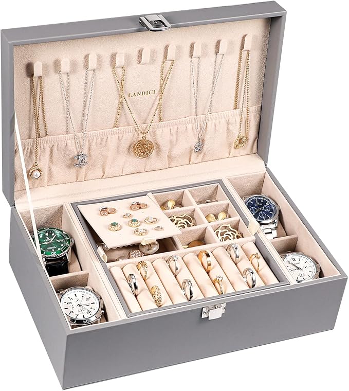 LANDICI Jewelry Box Organizer for Men Women, 2 Layer 4 Slot Watch Storage Case with Removable Tray, PU Leather Large Jeweller