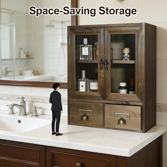 Rosetta Mini Countertop Country Vintage Locker, Wall-Mounted Wood Display with Organic Glass Door, Food Storage, 2 Bottom Dra