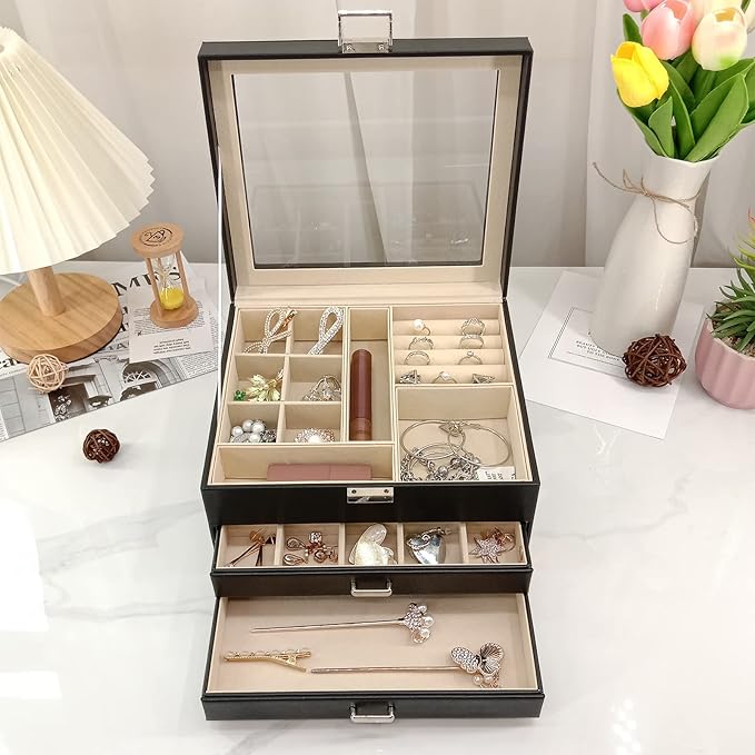 BOOVO Clear Lid Jewelry Box,3 Layers Jewelry Organizer Large Multi-Functional Jewelry Storage Box with 2 Drawers,Jewelry Disp