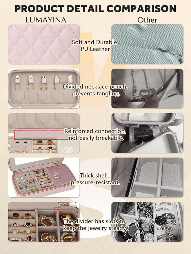 Travel Jewelry Case with Mirror, Quilted Small Jewelry Box Organizer for Women Girls, Portable Earring Necklace Bracelet Ring