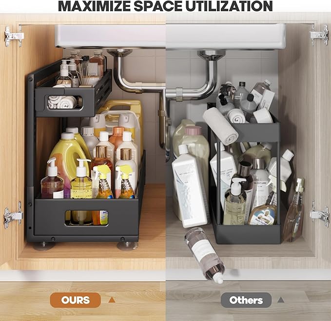2 Pack 21IN-Depth Under Sink Organizer,Pull Out Cabinet Organizer With Smooth Cylindrical Rail,Metal Slide Out Drawer for Kit