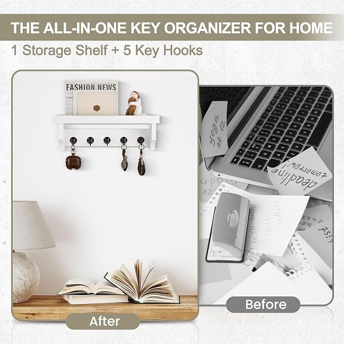 Key and Mail Holder Wall Mount, Key Holder with Shelf and Mail Organizer Wall Mount. Mail Holder with 5 Hooks for Coat, Dog L