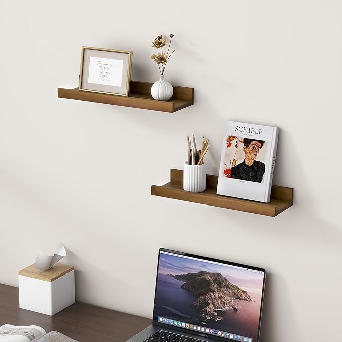 16 Inches Floating Shelves for Wall, Solid Pine Wood Picture Ledge Shelves, Walnut Wall Shelves with Lips, Nursery Book Shelv