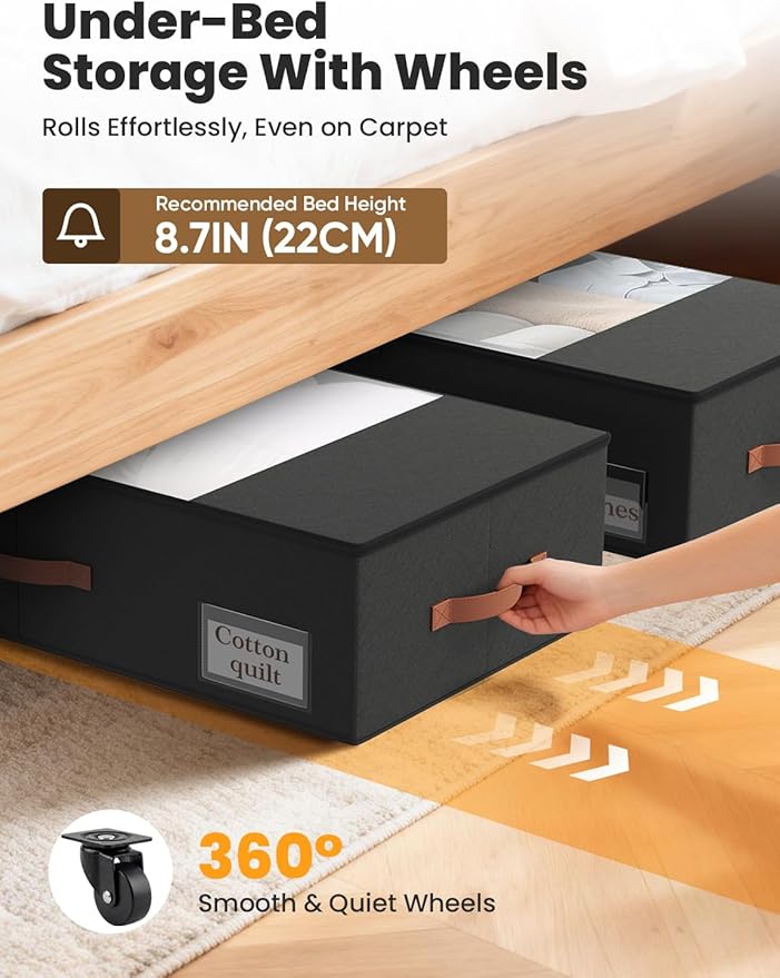 2-Pack Under Bed Storage Bins with Wheels and 6 Vacuum Seal Bags, Heavy Duty 80lbs Capacity, 65L Clear Lid Organizer for Dorm