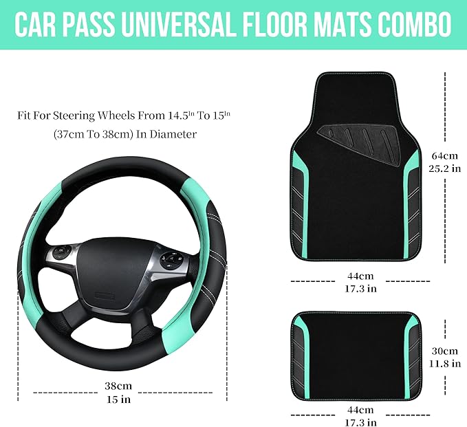 CAR PASS Leather Steering Wheel Cover and Waterproof Car Floor Mats,Microfiber Universal Car Combo Fit for 95% Sedan,SUV,Cars