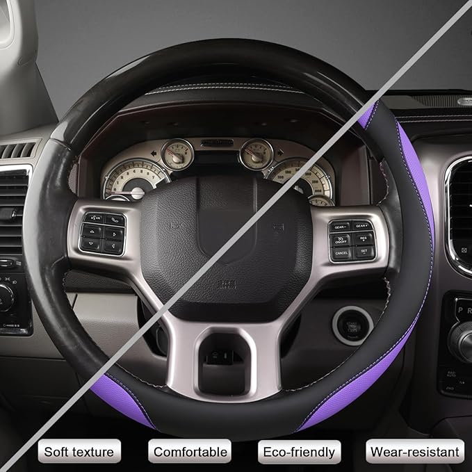 West Llama Customized Auto Car Steering Wheel Cover for Dodge RAM 1500 2500 3500, 15.5-16 inch (Black+Purple - Large Size)