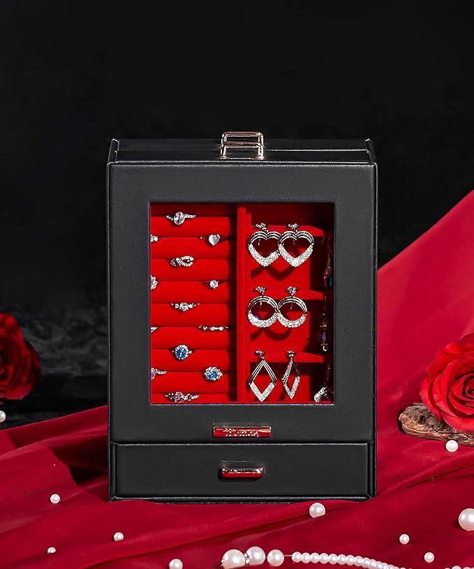 Homde Jewelry Organizer Girls Women Jewelry Box for Necklaces Rings Earrings Gift Bracelets Storage Case (Black + Red + Gold)