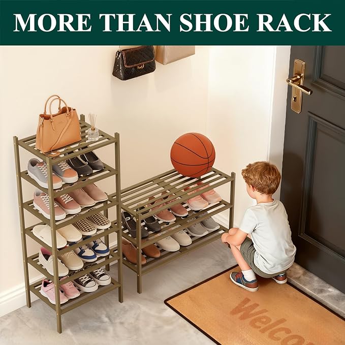 Smiry Bamboo Shoe Rack 6-Tier, Stackable Wooden Shoe Organizer for Entryway & Closet, Free Standing Wood Shoe Storage Shelf f