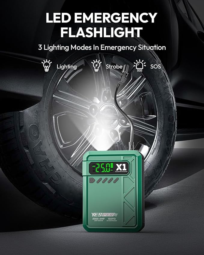 YESPER Jump Starter with Air Compressor 2000A 150PSI Battery Jumper Starter Portable(8L Gas/6L Diesel) 12V Car Jump Pack
