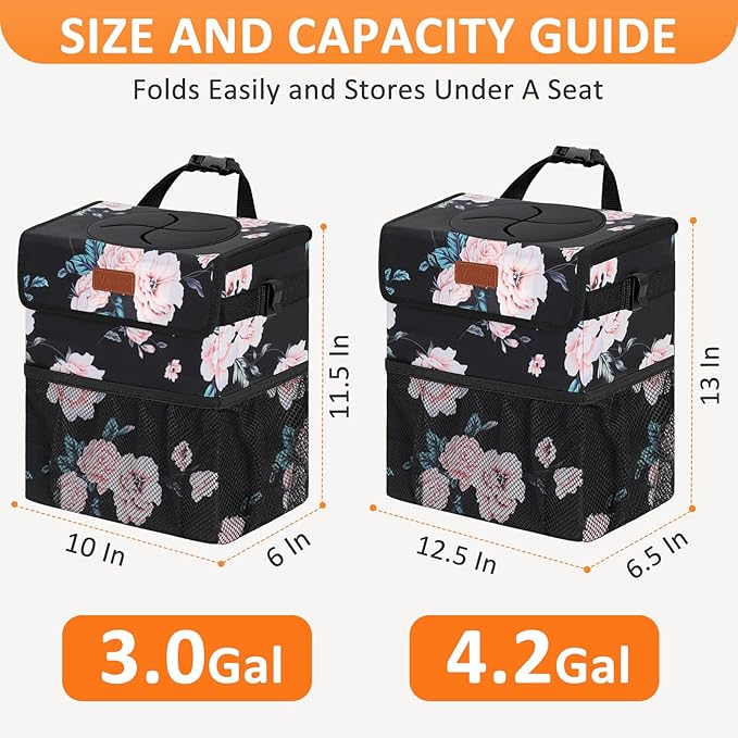 4.2 Gallons Car Trash Can with Lid, Bag Bin Hanging Waterproof Automotive Car Garbage Cans Leak Proof Vehicle Trash Can for Truck SUV,Black Floral