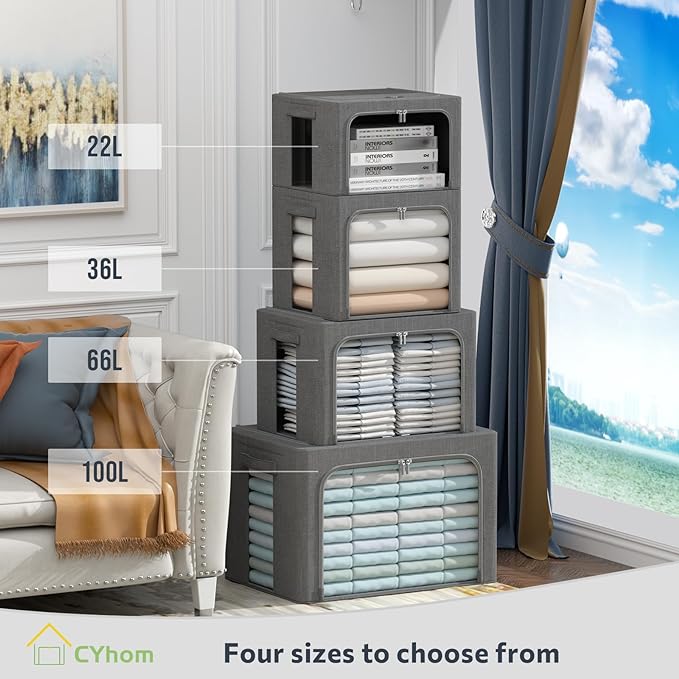 Clothes Storage Bins Box - Linen Fabric Foldable Stackable Container Organizer Set with Clear Window & Carry Handles & Metal 