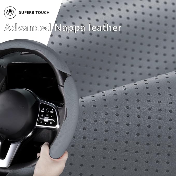 Car Steering Wheel Cover Leather Snap On 3Pcs Set Non-Slip Protector Wrap Steering Wheel Accessories 14.5-15 inch Universal G