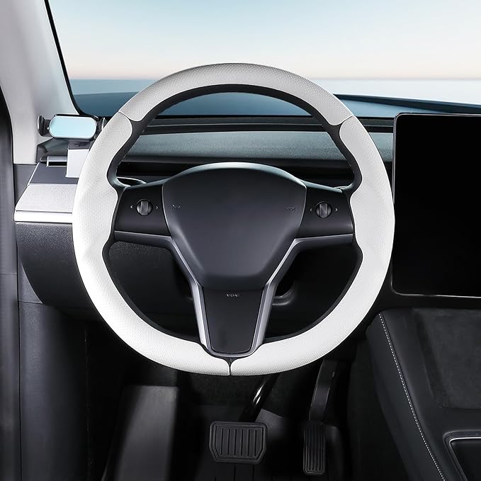 Steering Wheel Cover for 2017-2023 Tesla Model 3 2020-2024 Tesla Model Y, Leather Steering Wheel Cover for Tesla Model 3/Y Accessories, White