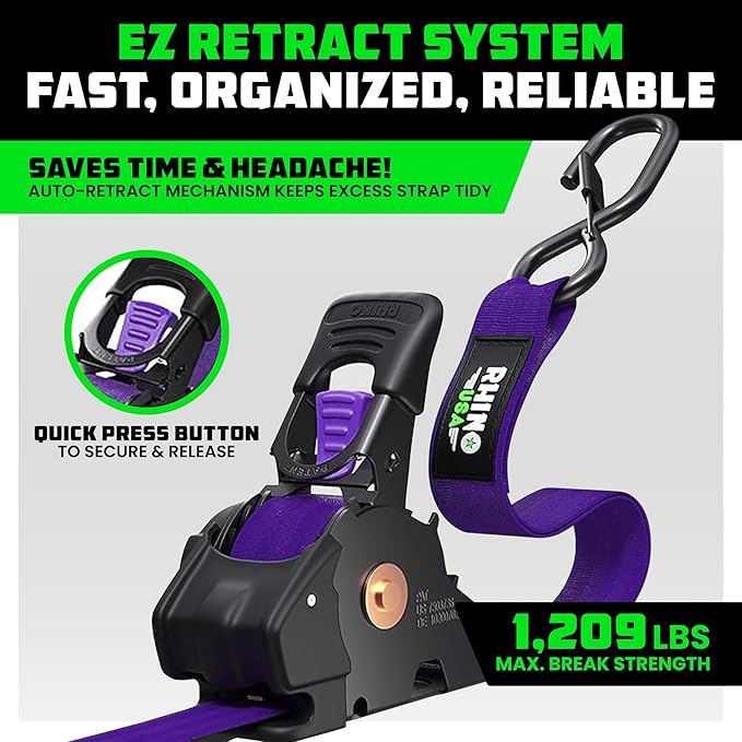 Rhino USA Retractable Ratchet Straps (2-Pack) - 1 Inch x 10 Feet (1,209lb Break Strength) - Auto Self Retracting Tie Down Straps for Truck, Cargo Trailer, Motorcycle, ATV, UTV - Purple