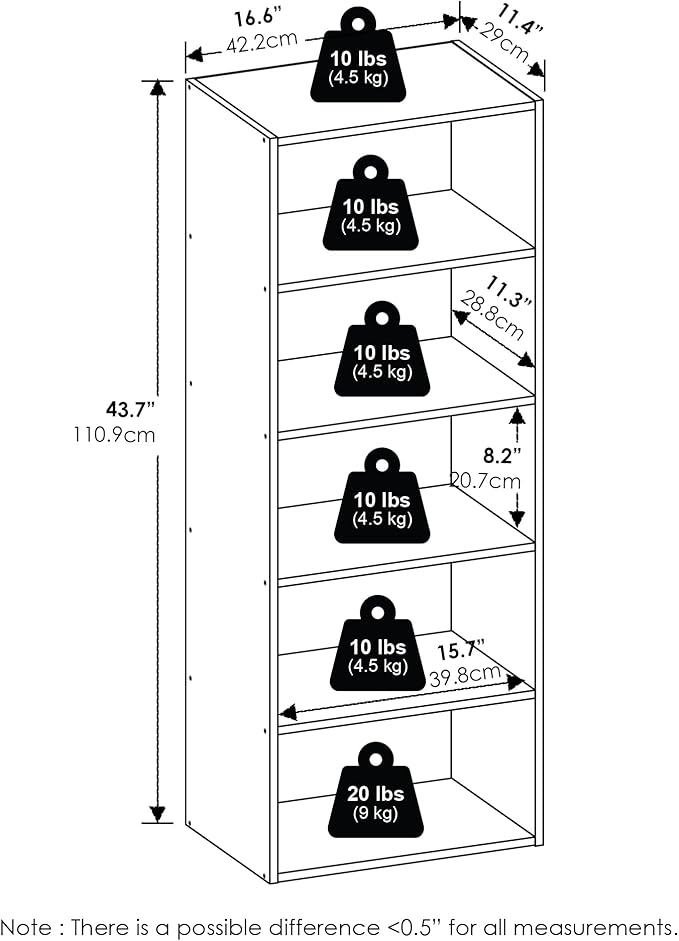 Furinno Basic Book Shelf, 5-Tier Bookshelf, Storage Organizer Bookcase with Open Shelf, 11 x 17 x 44, for Living Room, Bedroo