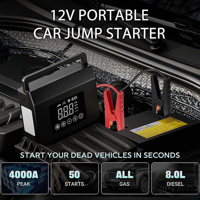 Hieha 4000A Portable Jump Starter with Air Compressor, 12V Car Battery Power (All Gas 8L Diesel) with 150PSI Tire Inflator