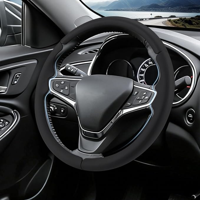 Steering Wheel Cover for Chevy Malibu 2016-2024/ Equinox 2018-2024/ Bolt EV 2017-2021/ Volt 2016-2019, Car Steering Wheel Cover Accessories for Chevrolet (Black Leather)