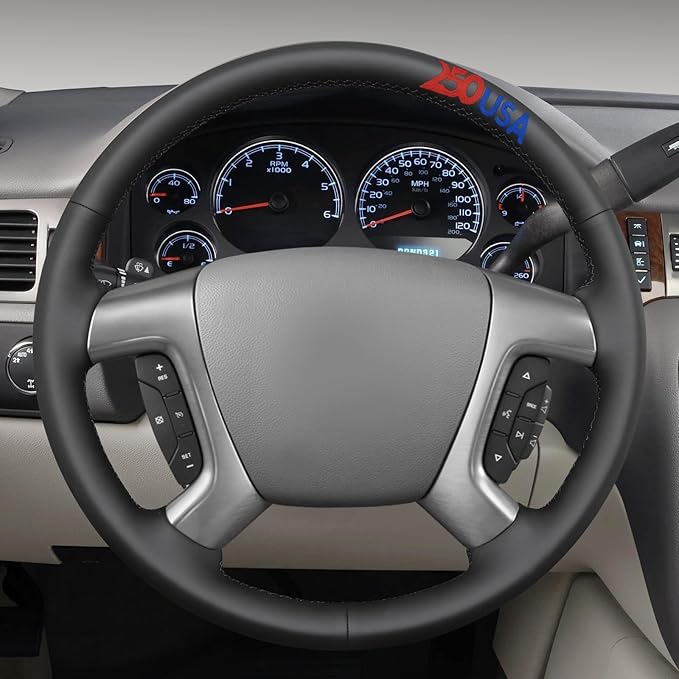 MEWANT USA 250th Anniversary Embroidered Hand-Stitched Steering Wheel Cover for Chevy Silverado 1500 2007 2500 2014 3500 Avalanche Suburban Tahoe 2014 Traverse Black Artificial Leather Steering Wrap