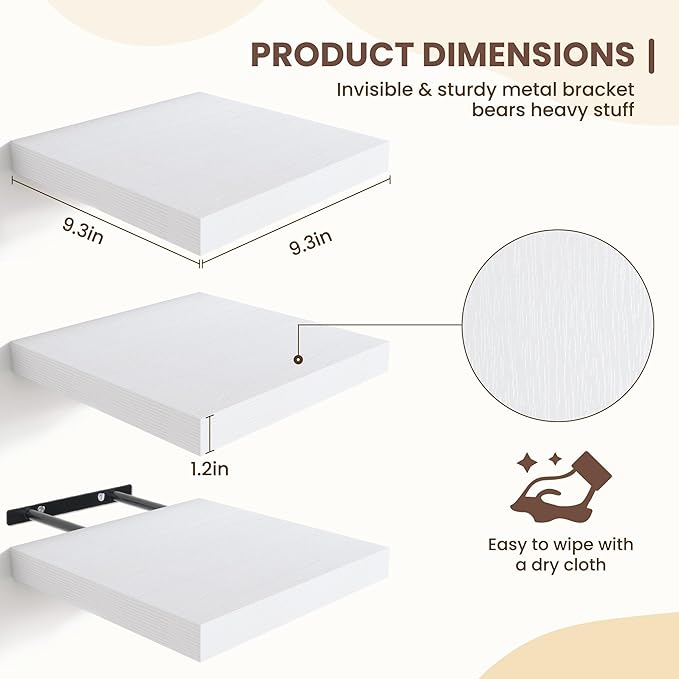 Fun Memories Floating Shelves for Wall - 9.3 Inch Square Shelves with Invisible Brackets, Small Wall Shelf for Living Room, B