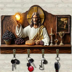 Wooden Multifunctional Home Key Holder, Wooden Keys Holder with Jesus Communion Theme, Religious Christian Home Decor Wall Mo