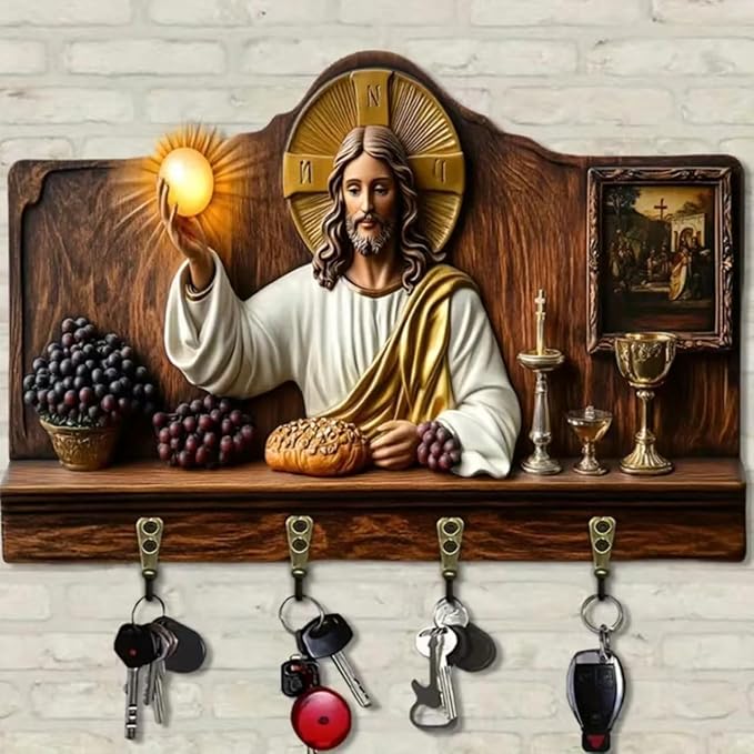 Wooden Multifunctional Home Key Holder, Wooden Keys Holder with Jesus Communion Theme, Religious Christian Home Decor Wall Mo