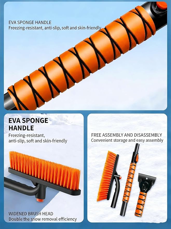 39" Extendable Snow Brush with Ice Scraper & Squeegee for Car Windshield,Rotating Auto Snow Brush with Foam Grip,Heavy Duty Car Snow Brush and Ice Scraper Combo for Truck SUV,Orange