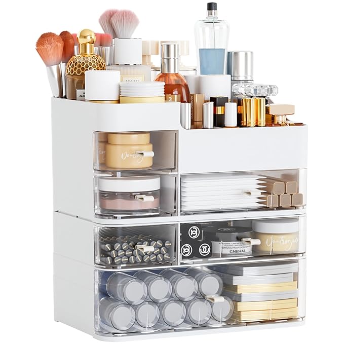 White Countertop Makeup Organizer with 6 Drawers,Large Capacity Skincare Organizers for Vanity,Desk,Dresser,Plastic Bathroom 