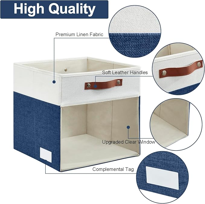 Bagnizer Storage Cubes, 4 Pack Linen Foldable Storage Bins (13 x 13 inch) with Clear Window and Handles, Fabric Organizer for