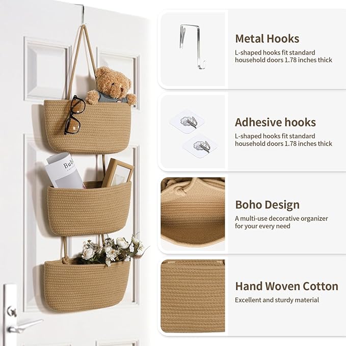 ANTIS'S HOME Over The Door Organizer Hanging Basket, 3-Tier Woven Cotton Wall-Mounted Nursery Storage Organizer Bag Boho Deco