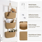 ANTIS'S HOME Over The Door Organizer Hanging Basket, 3-Tier Woven Cotton Wall-Mounted Nursery Storage Organizer Bag Boho Deco
