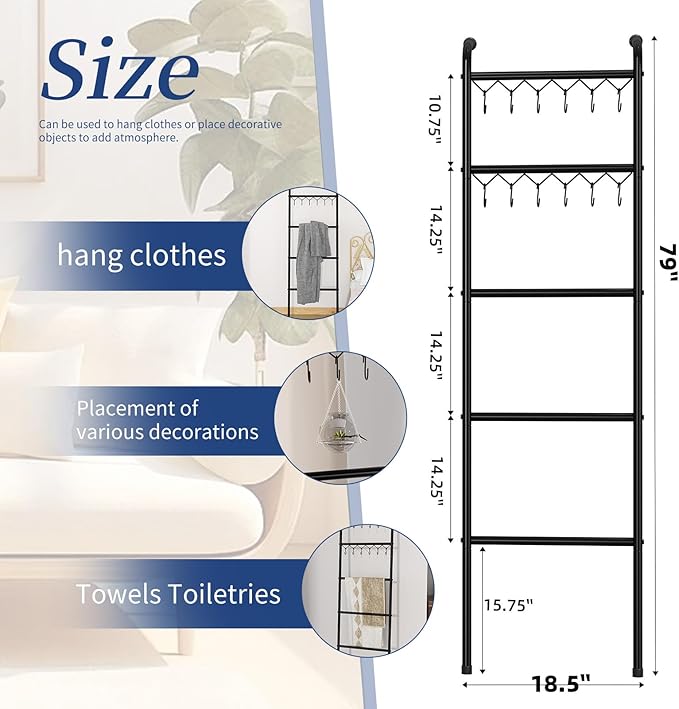 Simple Trending Blanket Ladder，5 Tier Metal Towel Rack with 12 Hooks, 79'' Metal Style Decorative Ladder for The Living Room 