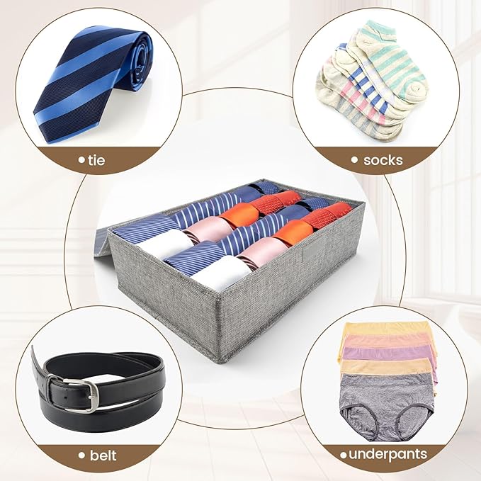 2 Pack Large Grid Sock Organizer Divider, 20 Cell with Lid, Fabric Foldable, Tie Organizer for Men for Storing Socks, Tie, Ha