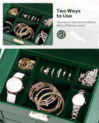 Homde Synthetic Leather Huge Jewelry Box Mirrored Watch Organizer Necklace Ring Earring Storage Lockable Gift Case (Forest Gr